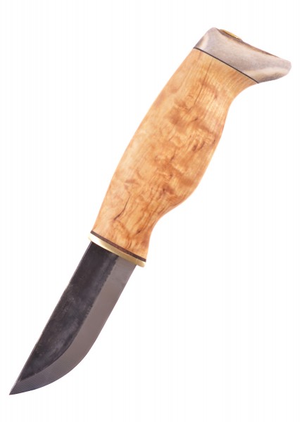 Das Jagdmesser Little Leuku von Wood-Jewel hat eine scharfe, gerade Klinge aus Stahl und einen ergonomisch geformten Griff aus hellem Holz. Es ist ein robustes, handgefertigtes Werkzeug für Outdoor- und Jagdaktivitäten.