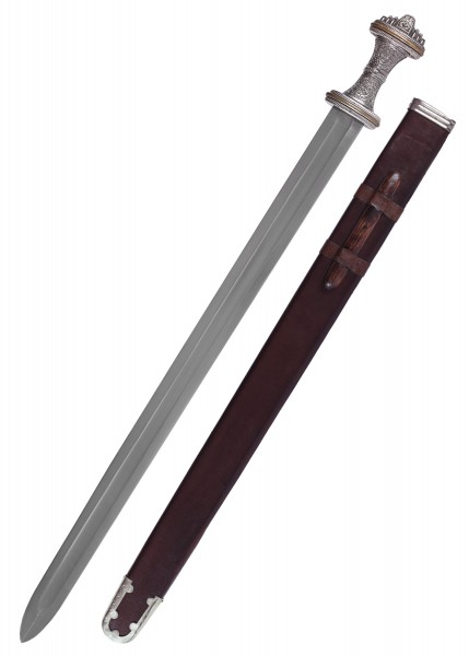 Dieses angelsächsische Fetter Lane Schwert aus dem 8. Jh. zeigt eine detaillierte Klinge und einen kunstvoll verzierten Griff. Es wird von einer schlichten braunen Scheide begleitet. Eine einzigartige Nachbildung historischer Schwerter.