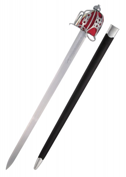 Das Bild zeigt ein schottisches Breitschwert mit Korbgefäß. Die Klinge ist lang und gerade, während der auffällige rote Korbgriff eine kunstvolle Schutzvorrichtung bietet. Ein passender schwarzer Scheide ist ebenfalls abgebildet.