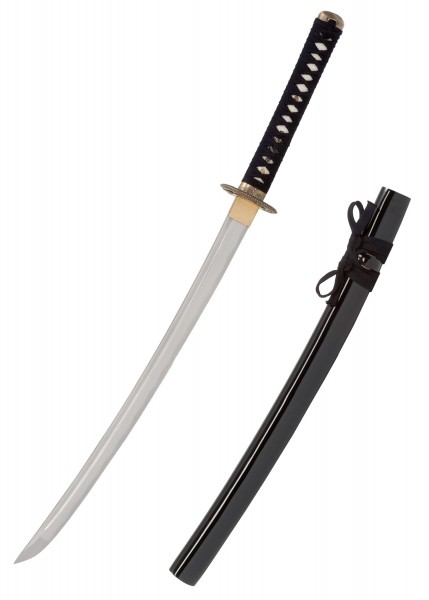 Das John Lee Dragon Wakizashi ist ein elegantes traditionelles japanisches Schwert mit einer scharfen Klinge und kunstvoll gestaltetem Griff. Die schwarz lackierte Scheide ist in der typischen Wakizashi-Tradition gehalten.