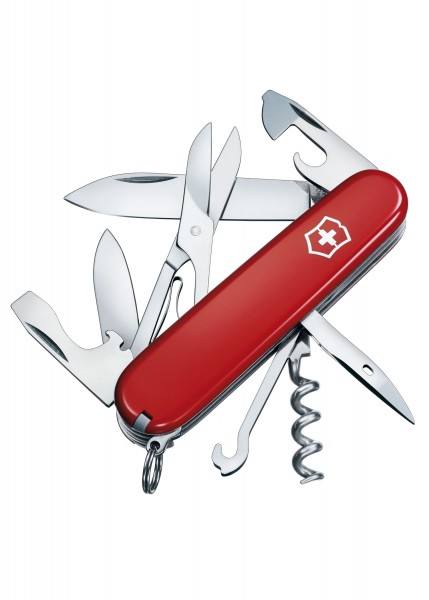 Dieses Bild zeigt das Offiziersmesser Climber in Rot. Es handelt sich um ein multifunktionales Taschenmesser mit mehreren Werkzeugen wie Messerklingen, Schere, Korkenzieher und Dosenöffner. Das Messer hat einen roten Griff mit dem typischen Schweizer