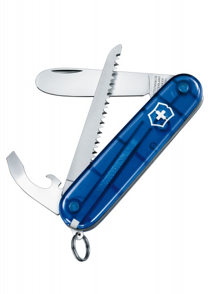 Das Taschenwerkzeug 'My First Vx' ist transparent blau und enthält verschiedene Werkzeuge, darunter ein Messer und eine Säge. Das Gehäuse ist transparent mit einem sichtbaren Innenleben und einem Schlüsselring am Ende. Es ist kompakt und ideal für al