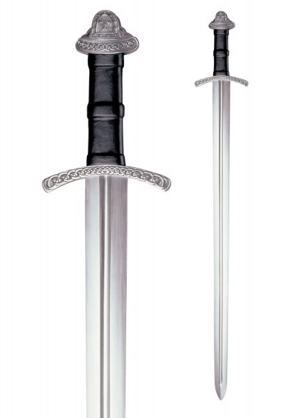 Ein kunstvoll gestaltetes Wikinger-Schwert mit keltischen Mustern auf Parierstange und Knauf. Es hat eine lange, schlanke Klinge und einen lederumwickelten Griff. Perfekt für Sammler oder historische Reenactment-Begeisterte.