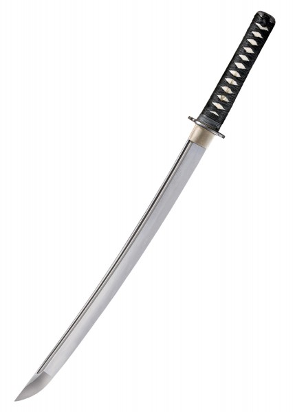 Der Warrior Wakizashi ist ein traditionelles japanisches Schwert mit einer geschwungenen Klinge aus Stahl und einem schwarz-weiß gewickelten Griff. Es besticht durch seine detaillierte Verarbeitung und ist ein beeindruckendes Sammlerstück.