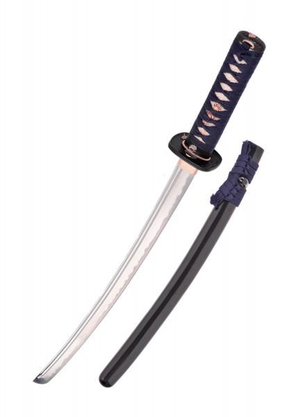 Das Kaeru (Frosch) Wakizashi ist ein elegantes japanisches Schwert mit einer polierten Klinge, schwarzer Scheide und detailreichem Griff. Perfekt für Sammler und Enthusiasten traditioneller japanischer Waffen.