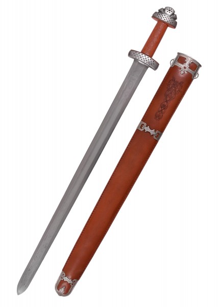 Das Trondheim Wikinger Schwert aus Damaststahl zeigt eine präzise gefertigte, geschwungene Klinge mit feinen Mustern. Der braune Lederscheide ist mit kunstvollen Details verziert, passend zur klassischen Wikinger-Ästhetik.