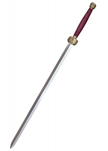 Das Zweihand Gim Schwert zeichnet sich durch eine lange, schlanke Klinge und einen rot umwickelten Griff mit goldenen Details aus. Ideal für Sammler und Schwertkunst-Enthusiasten dank seiner detailreichen Gestaltung und hochwertigen Verarbeitung.
