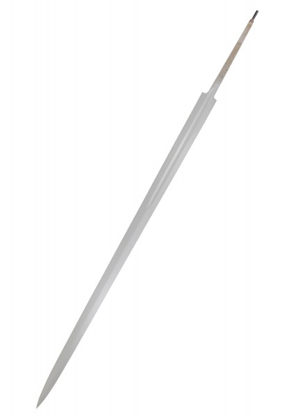 Dieses Bild zeigt eine Ersatzklinge für ein Tinker Bastard-Schwert. Die schlanke, scharfe Klinge verfügt über eine Hohlkehle, die das Gewicht reduziert und die Stabilität erhöht. Perfekt für historische Fechttechniken.