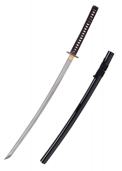 Die John Lee Fujisan Katana mit Damaststruktur ist ein beeindruckendes Schwert mit einer kunstvoll geformten Klinge und einem eleganten, schwarzen Griff. Die Klinge liegt neben ihrer passenden, glänzenden schwarzen Scheide.