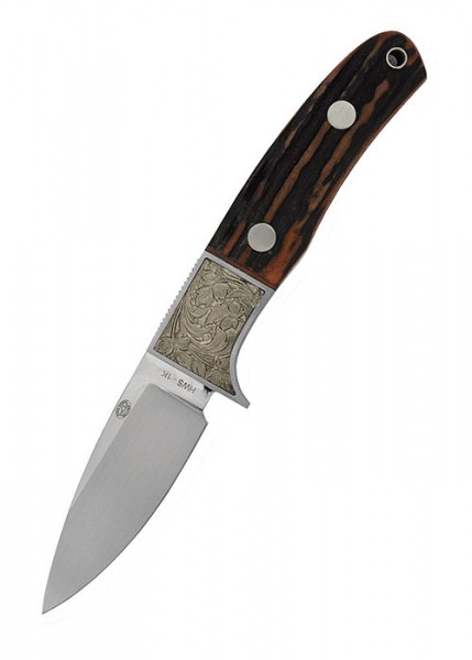 Sika Messer mit Drop-Point-Klinge aus Edelstahl und elegantem, graviertem Hirschhorngriff. Das Messer hat zwei Nieten und ein Loch für eine Befestigung am Ende des Griffs. Ideal für Outdoor-Abenteuer und Jagd.