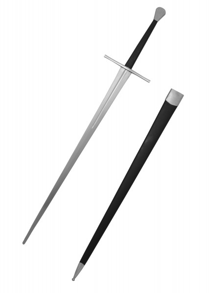 Das Tinker Langschwert mit Schaukampfklinge SK-A zeigt sich in seiner vollen Pracht. Das Schwert hat eine lange, glänzende Klinge und einen schwarzen Griff. Die Scheide ist ebenfalls schwarz gehalten und mit metallischen Akzenten versehen.