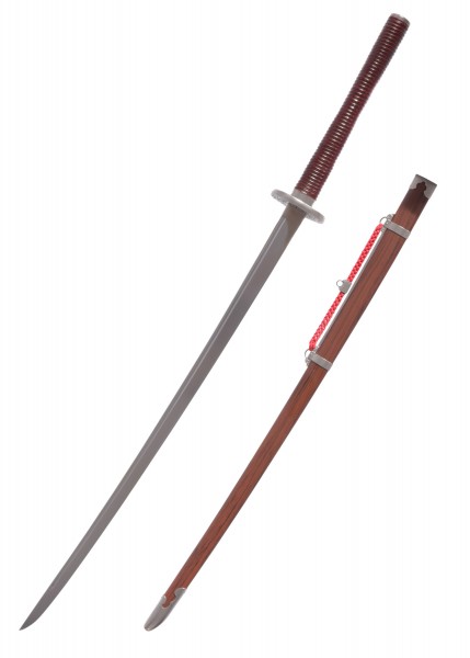 Das Hsu Miao Dao ist ein kunstvoll gefertigtes Schwert mit einer langen, gebogenen Klinge und einem eleganten, geriffelten Griff. Die detaillierte Scheide aus Holz und Metall verleiht dem Schwert zusätzlichen Charakter und Schutz.