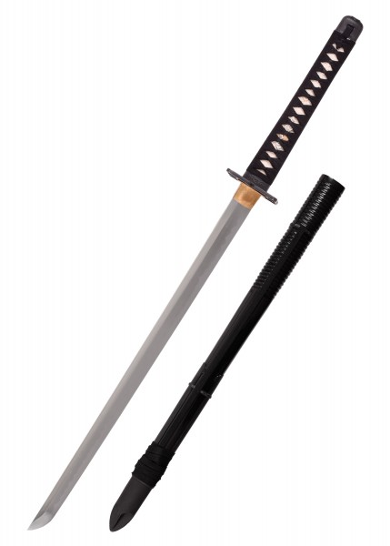 Das Iga Ninja-To ist ein traditionelles japanisches Schwert mit einer 72 cm langen Klinge und einer Gesamtlänge von 97 cm. Es verfügt über eine schwarze Scheide und einen schwarzen Griff mit weißer Wicklung.