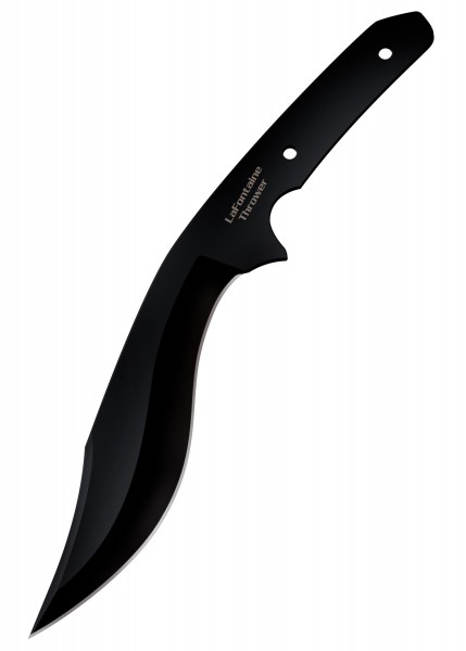 Das LaFontaine Wurfmesser zeigt ein elegantes, schwarzes Design mit geschwungener Klinge und ergonomischem Griff. Es hat zwei Löcher am Griff, die für ein besseres Handling sorgen. Die Klinge trägt den Aufdruck 'LaFontaine Thrower', was es zu einem s