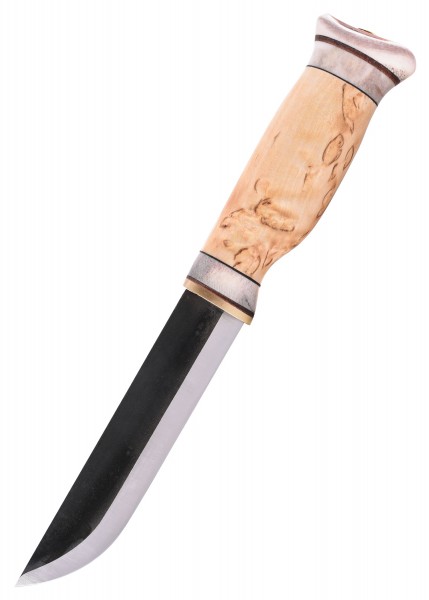 Das Nordlicht-Messer von Wood Jewel besticht durch seine rustikale Eleganz. Es verfügt über eine scharfe Klinge und einen ergonomischen Griff aus hellem Holz mit natürlichen Maserungen, der für sicheren Halt sorgt.