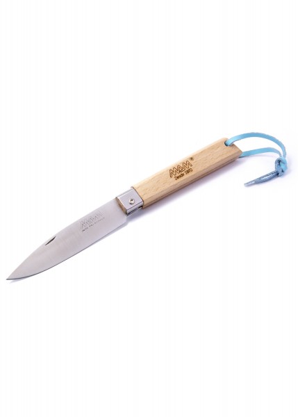 Dieses Taschenmesser verfügt über eine scharfe Edelstahlklinge und einen eleganten Holzgriff mit geprägtem Logo. Die praktische Lederschlaufe bietet zusätzliche Sicherheit und Komfort beim Tragen des Messers.