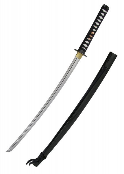 Praktisches Iaito mit verschiedenen Klingenlängen. Die Katana-ähnliche Schwert hat eine gebogene, ungeschärfte Klinge und eine schwarz/verzierte Tsuka (Griff). Inklusive schwarzem Saya (Scheide). Ideal für Iaido-Übungen.
