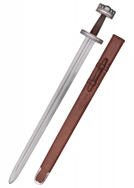 Das Wikingerschwert aus Hedmark ist ein kunstvoll gestaltetes mittelalterliches Schwert für den Schaukampf. Es verfügt über eine detaillierte Klinge mit einem geformten Griff und wird mit einer passenden Lederscheide geliefert.