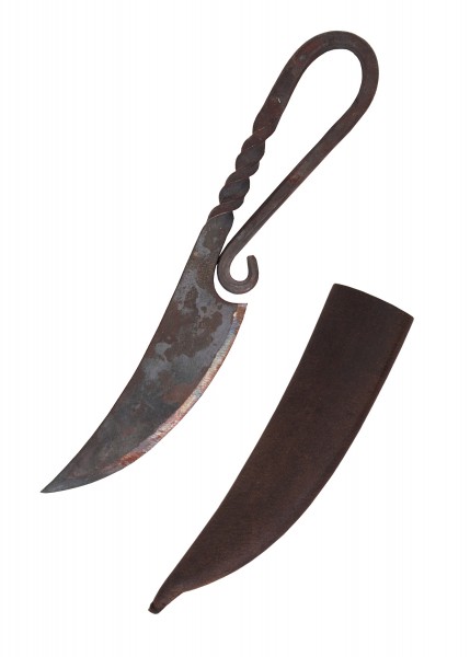 Gebrauchsmesser mit antikem Design und geschwungener Klinge, ideal für den mittelalterlichen Einsatz. Das Messer hat einen einzigartigen, handgeschmiedeten Griff und kommt mit einer robusten Lederscheide für sicheren Transport.