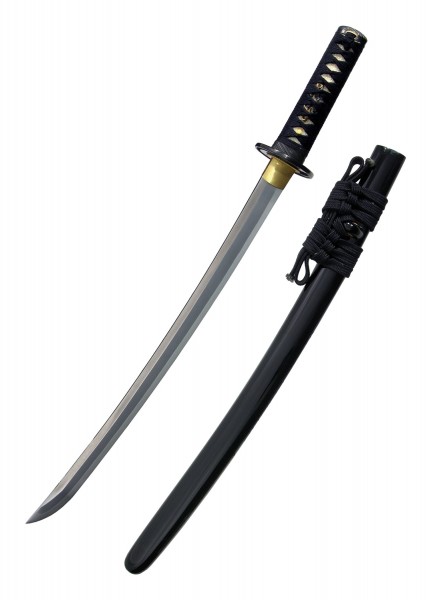 Das Great Wave Wakizashi ist ein elegantes, traditionelles japanisches Kurzschwert mit einer scharfen, gebogenen Klinge und einem kunstvoll gewickelten Griff. Das schwarze Saya ist mit einer schwarzen Kordel versehen.