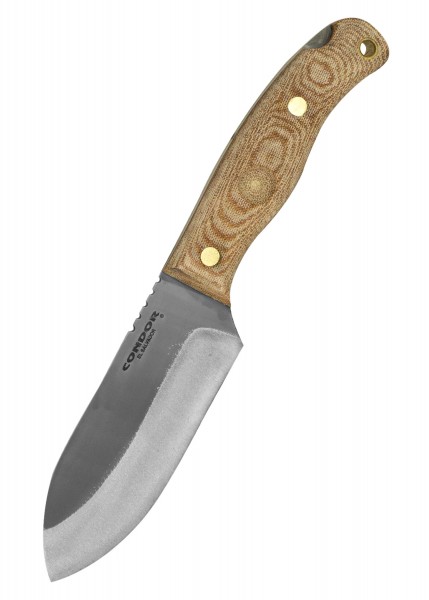 Das Bild zeigt ein Toki Knife Outdoormesser von Condor. Das Messer besitzt eine robuste, glänzende Klinge und einen ergonomischen Holzgriff mit sichtbaren Nieten für zusätzliche Haltbarkeit. Ideal für Outdoor-Aktivitäten und Abenteuer.