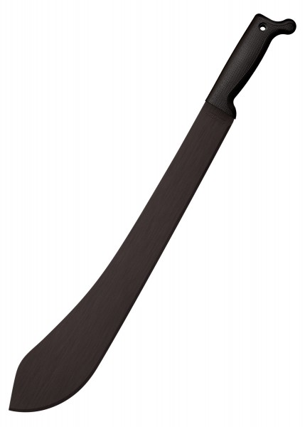 Das Bild zeigt ein Bolo-Machete mit einer schwarzen, gebogenen Klinge und einem geriffelten Griff. Die Machete wird mit einer schützenden Scheide geliefert, die für sicheres Tragen und Aufbewahren sorgt. Ideal für den Outdoor-Einsatz geeignet.