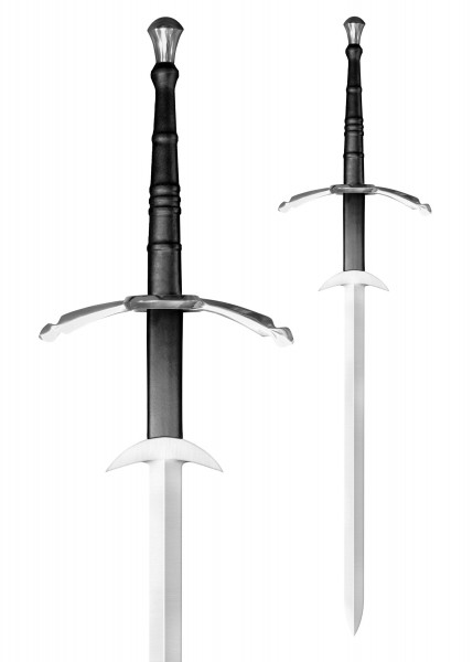 Der Grosser Bidenhänder, Gassenhauer, ist ein beeindruckendes Schwert mit einem langen, glänzenden Klinge und einem robusten, schwarzen Griff. Es hat eine breite Parierstange und einen eleganten, metallenen Knauf. Ideal für Sammler und Enthusiasten.