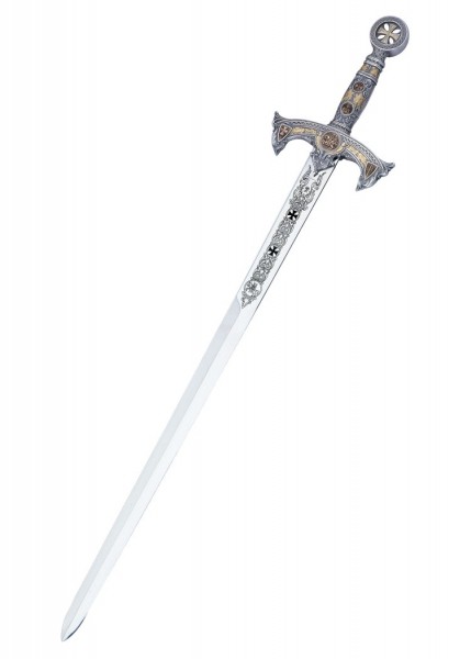 Dieses silberfarbene Schwert des Templerordens von Marto präsentiert aufwendige Verzierungen auf der Klinge und einem aufwendig gravierten Griff. Das kunstvoll gestaltete Schwert ist eine exzellente Replik historischer Templerwaffen.