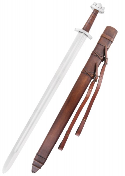 Frühes Wikingerschwert Godfred mit Scheide, ideal für den Schaukampf. Das Schwert hat eine lange, glänzende Klinge und einen robusten braunen Lederscheide mit Riemen. Perfekt für historische Reenactments und Sammlungen.