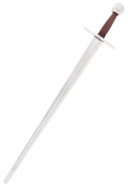 Mittelalterliches Einhandschwert für leichten Schaukampf, perfekt für historische Reenactments. Das Schwert hat eine scharfe Klinge und einen braunen Griff, ideal für Enthusiasten und Sammler von historischen Waffen.