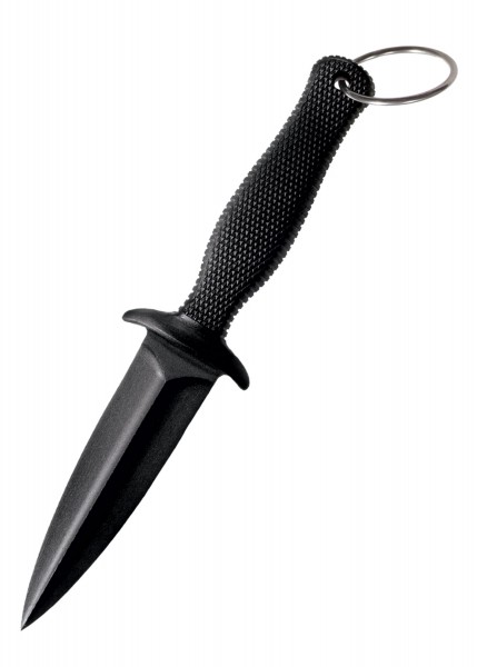 Das Stiefelmesser FGX Boot Blade II ist ein robustes schwarzes Messer mit einer scharfen Klinge und einem rutschfesten Griff. Es hat einen Ring am Griffende zur Befestigung. Dieses Messer ist ideal für Outdoor-Aktivitäten und Abenteurer, die ein zuve