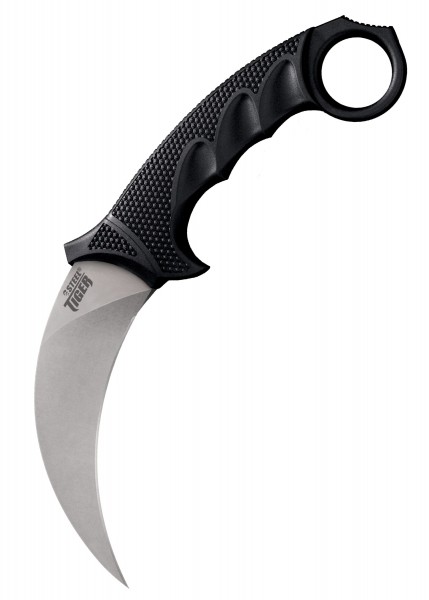 Das Steel Tiger Karambit-Messer besteht aus AUS 8A Edelstahl und hat eine gebogene Klinge. Der ergonomische schwarze Griff hat Fingerrillen und einen Fingerring für besseren Halt. Ideal für taktische und Outdoor-Anwendungen.