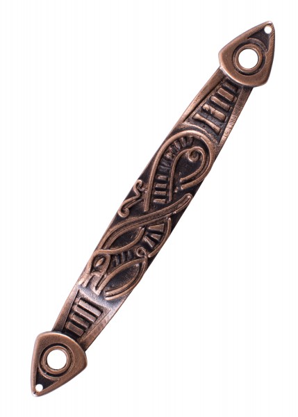 Bronzener Riemendurchzug für Wikinger-Schwertscheiden mit detaillierten, kunstvollen Schlangenmuster. Der historische Stil und die sorgfältige Handwerkskunst machen dieses Stück besonders authentisch und attraktiv für Reenactment und Sammler.