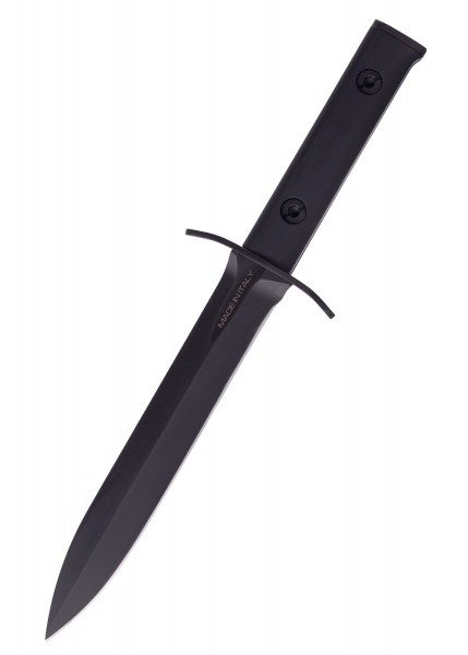 Das Extrema Ratio ARDITI ist ein feststehendes Messer in Schwarz. Es verfügt über eine lange, schmale Klinge und einen geraden Griff mit zwei Schrauben. Das Messer ist in Italien hergestellt und sieht robust und hochwertig aus.