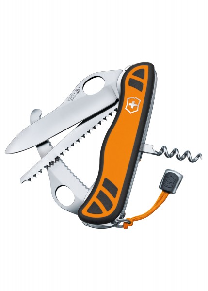 Das Bild zeigt das Hunter XT One Hand Messer in Orange/Schwarz von Victorinox. Es verfügt über mehrere Werkzeuge, darunter eine glatte Klinge, eine Säge und einen Korkenzieher. Der Griff hat eine auffällige orange Farbe mit schwarzen Details und ist 