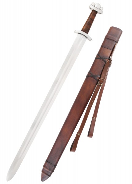 Frühes Wikingerschwert Godfred mit Scheide. Das Schwert besitzt eine glatt polierte, lange Klinge und einen genoppten Griff. Die dazugehörige lederne Scheide ergänzt das Design und bietet praktischen Schutz.