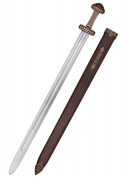 Dieses Wikingerschwert verfügt über einen kunstvoll verzierten Bronzegriff und eine polierte Klinge. Die Scheide ist braun mit dekorativen Akzenten. Ideal für Sammler und Liebhaber mittelalterlicher Waffen.