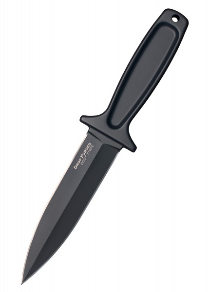 Drop Forged Stiefelmesser mit schwarzer Klinge und glattem Griff. Das Messer hat eine schmale, zweischneidige Klinge und eignet sich ideal für den Einsatz im Freien oder als taktisches Werkzeug. Kompakt und langlebig.