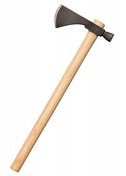 Dieses Bild zeigt einen Pfeifentomahawk mit einem flach strukturierten Finish. Der Tomahawk hat einen langen, glatten Holzgriff und einen breiten, scharfen Kopf aus Metall, der sowohl als Axt als auch als Pfeife verwendet werden kann.