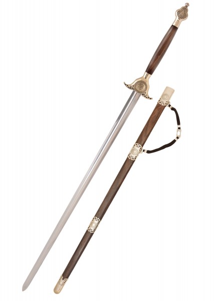 Das Hunyuan Shaolin Schwert zeigt eine elegante Klinge und eine kunstvoll verzierte Scheide. Dieses mittelalterlich inspirierte Schwert besticht durch seine Holzgriff und metallenen Akzente, ideal für Sammler oder Martial Arts-Enthusiasten.