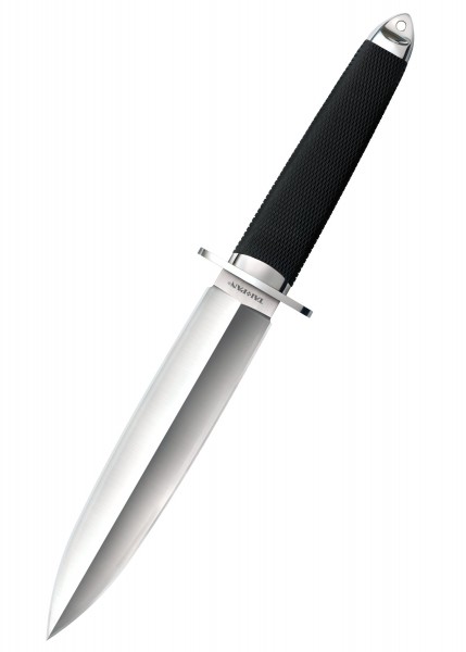 Der Tai Pan Dolch aus San Mai Stahl ist ein hochwertiges Messer. Es verfügt über eine doppelschneidige, glänzende Klinge und einen strukturierten, schwarzen Griff für sicheren Halt. Die Klinge ist robust und langlebig, ideal für Outdoor-Aktivitäten u