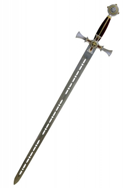 Das Templerschwert in Damastausführung von Marto zeigt eine handgefertigte Klinge mit detaillierten Mustern und Ausschnitten. Der kunstvolle Griff ist mit historisch inspirierten Verzierungen versehen, die das Rittertum widerspiegeln.