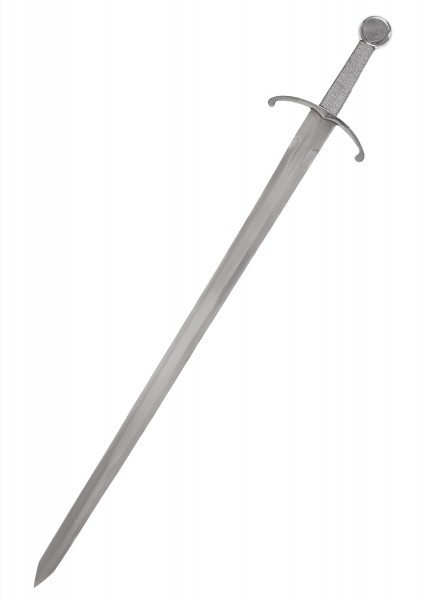 Mittelalterlicher Einhänder aus Stahl. Das Schwert zeigt eine lange, gerade Klinge mit einem einfach gestalteten Griff und einem runden Knauf. Ideal für historische Nachstellungen oder als Dekorationsstück geeignet.