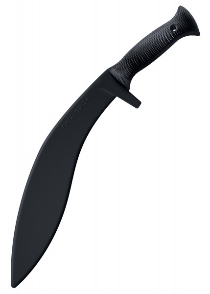 Das Bild zeigt einen schwarzen Trainings-Kukri aus Gummi. Das Design imitiert das klassische Kukri-Messer, hat aber eine stumpfe Klinge für sichere Trainingszwecke. Der Griff ist ergonomisch und bietet einen sicheren Halt.