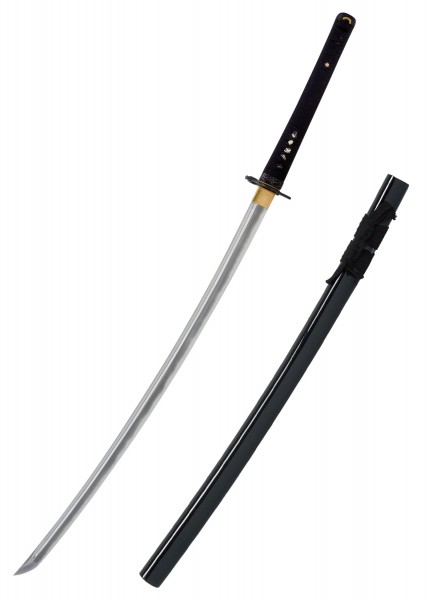 Das Bild zeigt eine John Lee Katsumoto Katana. Diese traditionelle japanische Schwertkunst besticht durch ihre elegante, gebogene Klinge und den schwarzen Griff mit goldenen Akzenten. Beiliegend ist auch eine passende schwarze Scheide.