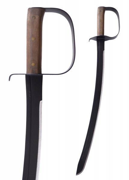 Das Bild zeigt ein Naval Cutlass von Condor. Dieses Schwert hat eine gebogene Klinge und einen Holzgriff mit drei Nieten. Die Metallverzierung an der Parierstange verleiht ihm eine elegante und zugleich robuste Optik.
