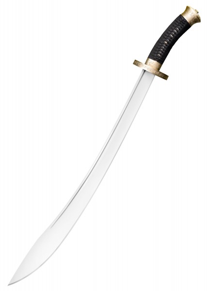Das Willow Leaf Schwert zeigt eine geschwungene Klinge mit einer scharfen Spitze und einem dekorativen Goldgriff. Der schwarze Griff bietet einen sicheren Halt, während das Design eine Mischung aus Ästhetik und Funktionalität darstellt.