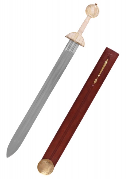 Römische Spatha mit Scheide aus dem 3. Jahrhundert. Das Schwert hat eine lange, gerade Klinge und einen verzierten Griff. Die Scheide ist in einem dunklen Rot gehalten und hat goldene Details. Ein Stück antiker Handwerkskunst.